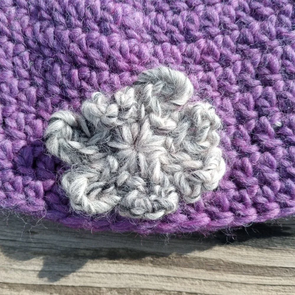Womens Beanie Cloche Handmade Purple Crochet Hat Gray Brown Flower Pure New Wool - Picture 7 of 11
